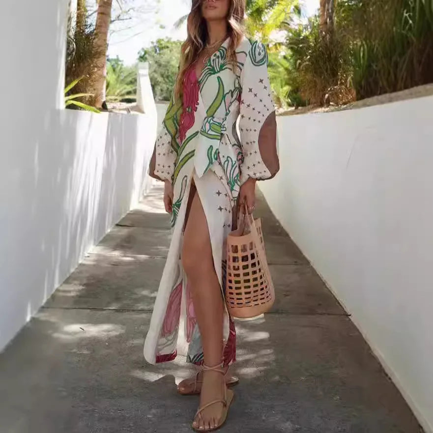 Elegant Printed Ethnic Style Cardigan Loose Long Skirt