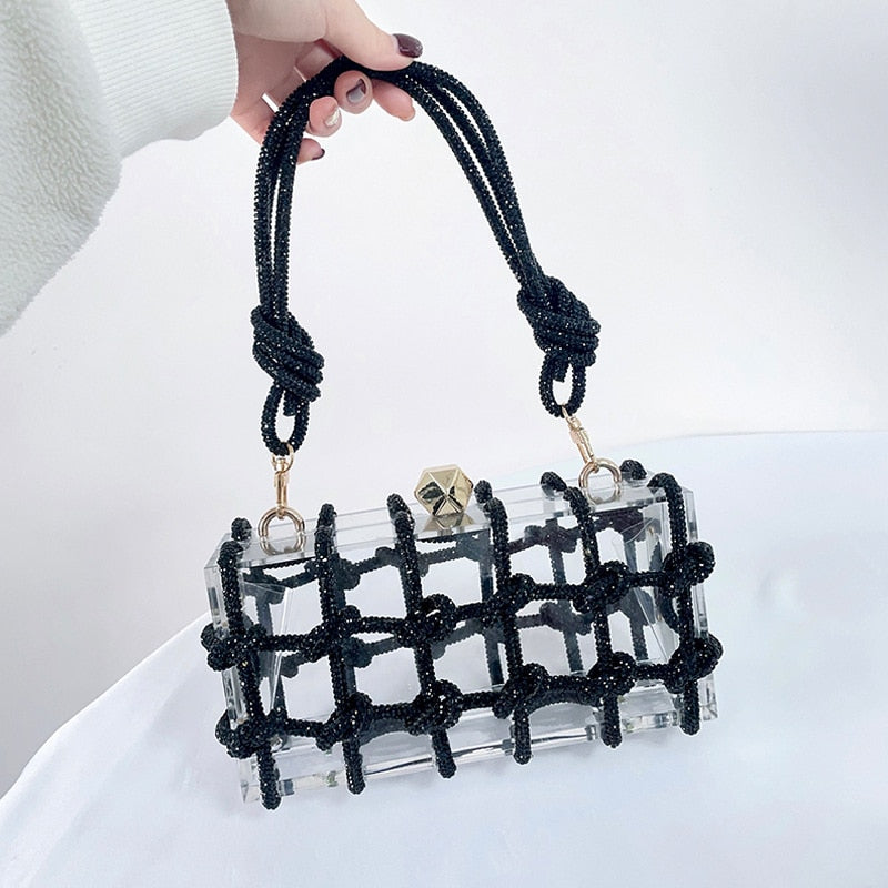 Crystal-Embellished Rope Acrylic Rhinestones Evening Luxury Clear Knot Bag