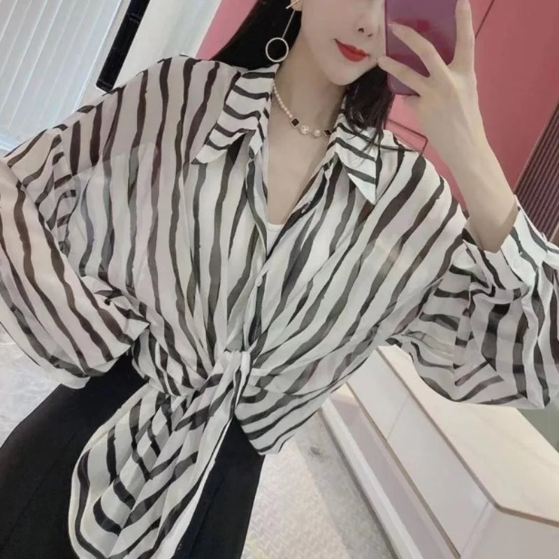 Loose Long sleeve Letter Striped Button Cardigan Shirt Tops