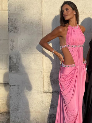 Pink Satin Sequin Halter Dress