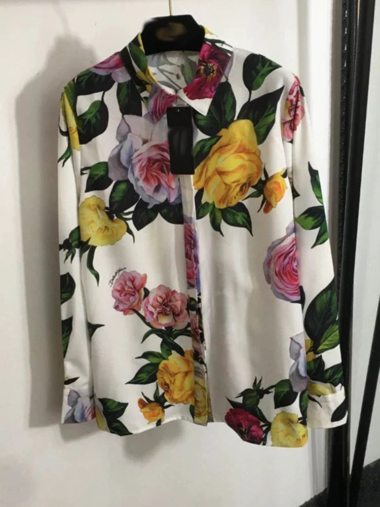 Luxury Lapel Flower Print Shirt