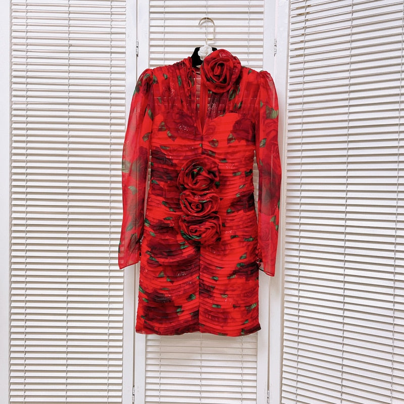 Pleated Three-dimensional Rose Print Dress