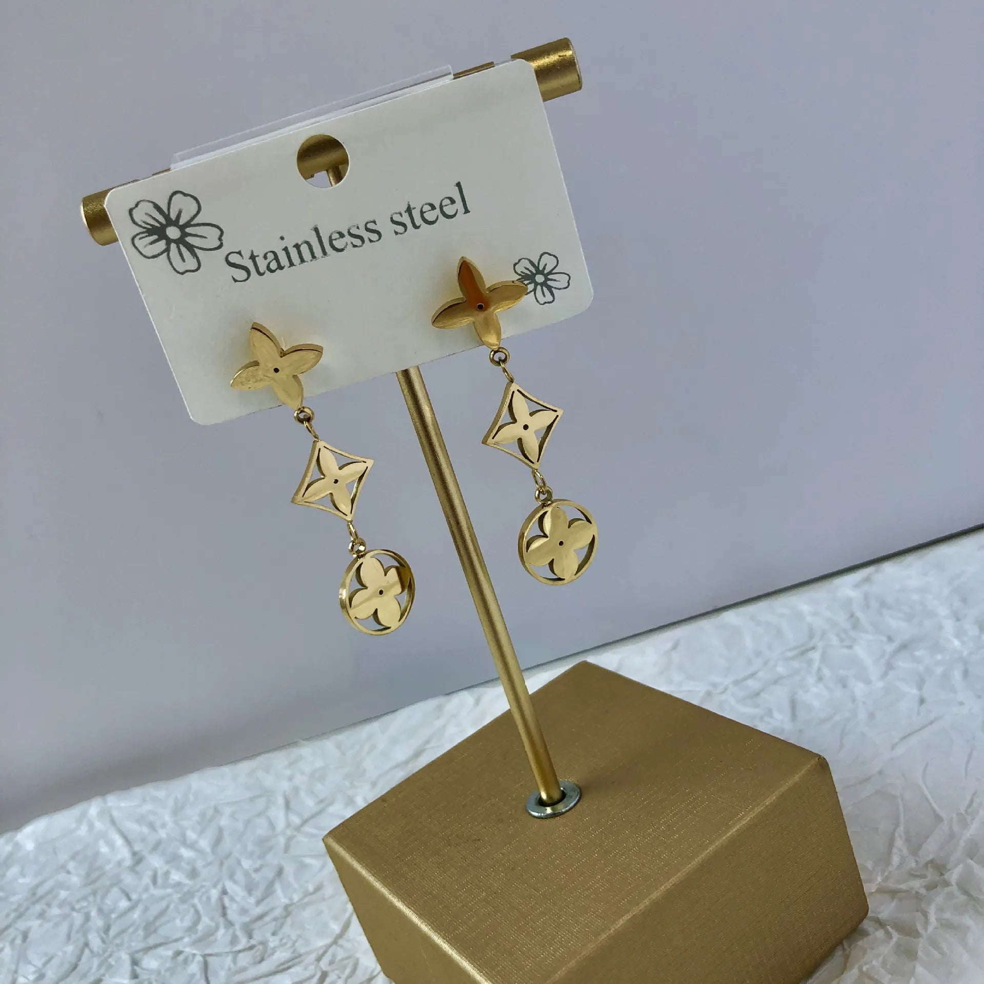 Vintage Double Flower Stainless Steel Acrylic with Leaf Flower Pendant Earrings