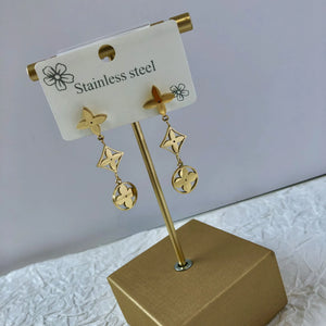 Vintage Double Flower Stainless Steel Acrylic with Leaf Flower Pendant Earrings