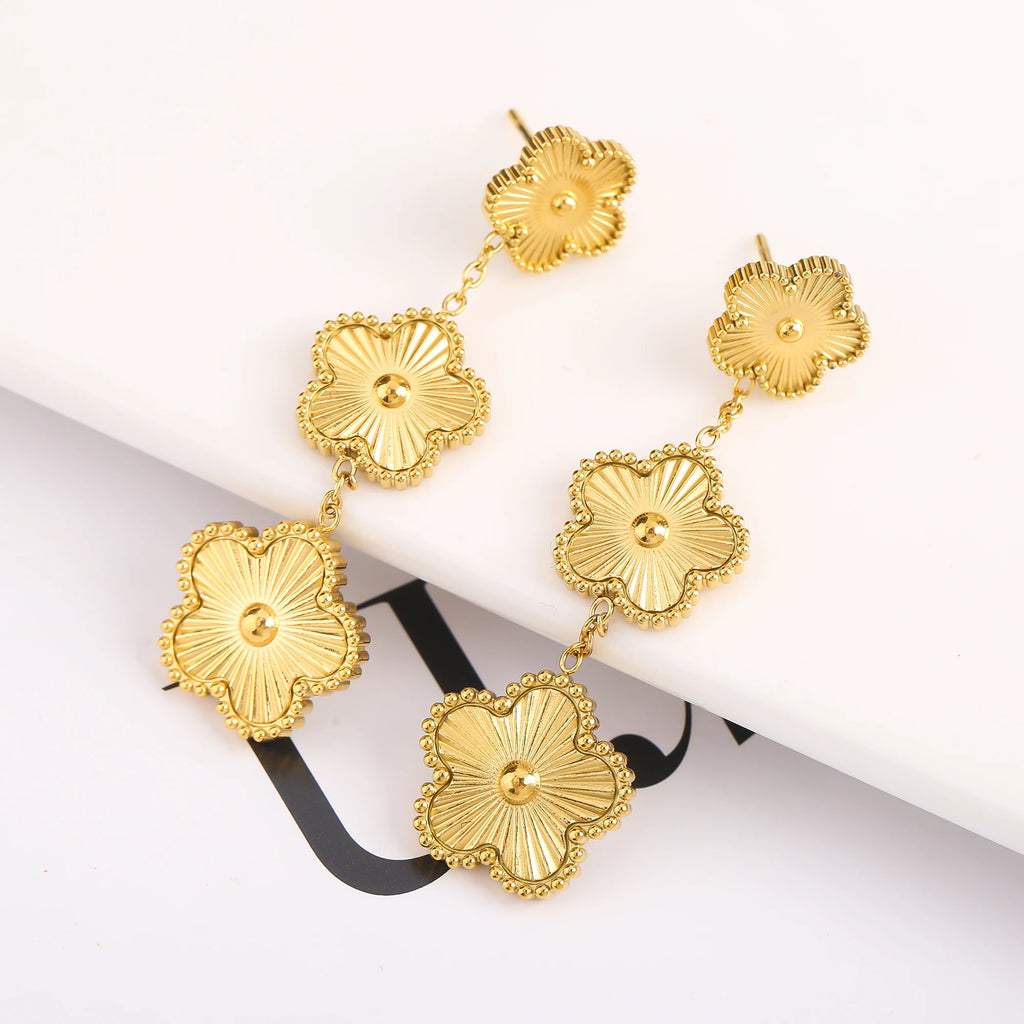 Metal Stainless Steel Double-Sided Five Leaf Flower Plum Blossom Tassel Earrings