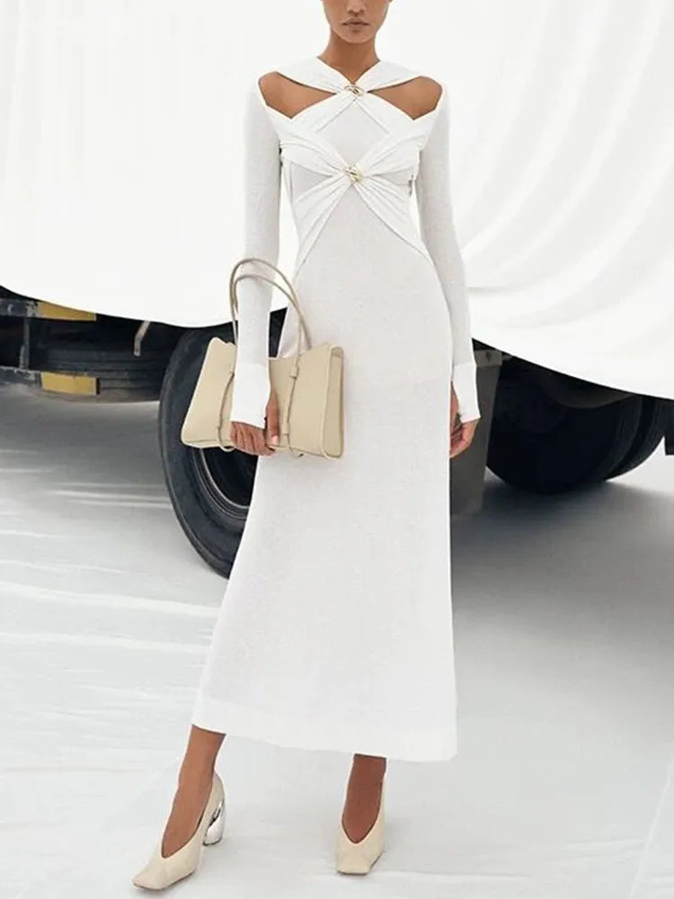 Off Shoulder Design Metal Buckle Knitted Long Dress