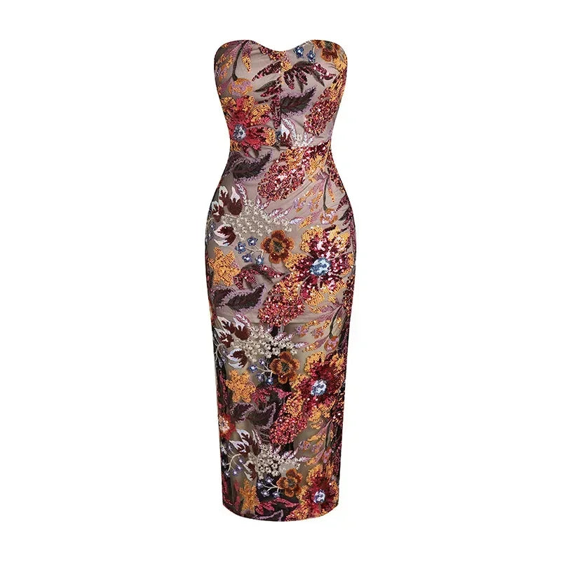 New Sexy Strapless Floral Sequin Long Dress