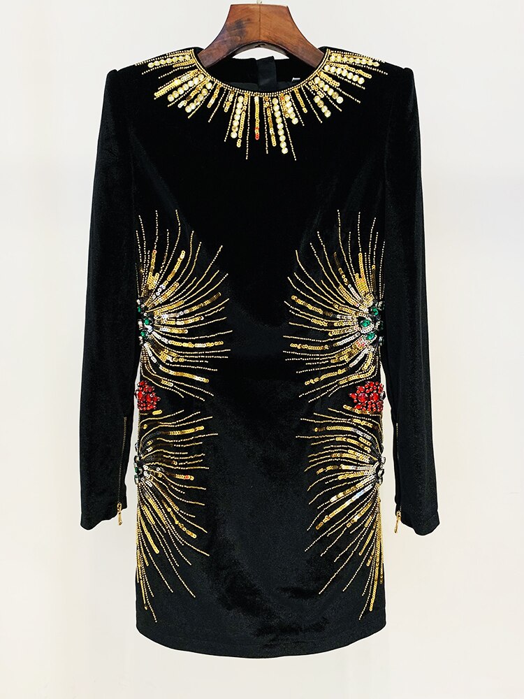 Designer Stunning Sequined Rhinestone Diamonds Beaded Velvet Dress