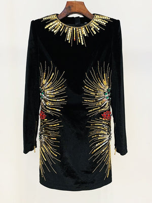 Designer Stunning Sequined Rhinestone Diamonds Beaded Velvet Dress