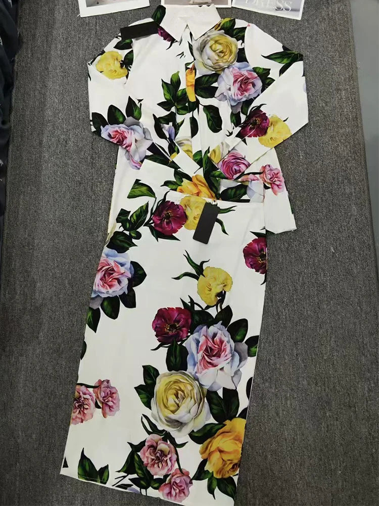 Retro Elegant Rose Print Pocket two-piece