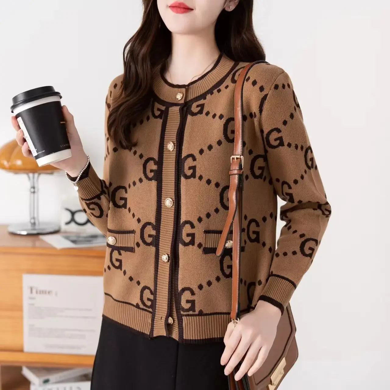 Autumn Winter Coat Luxury Pink Knitted Cardigan