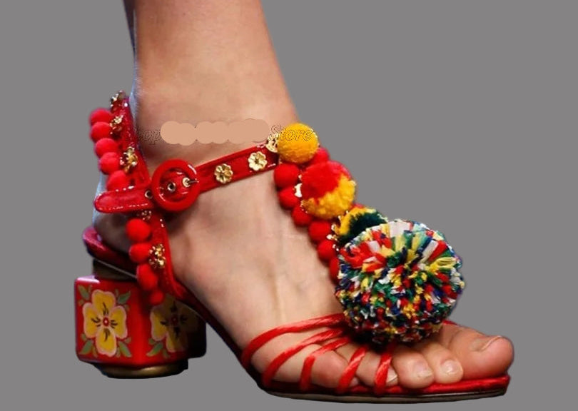 Red Fur Decor Strange Style Sandals