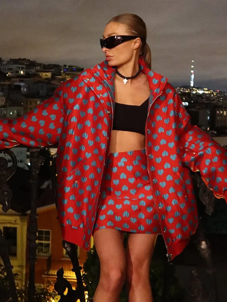 Casual Printed Sets With Skirt Loose Coat