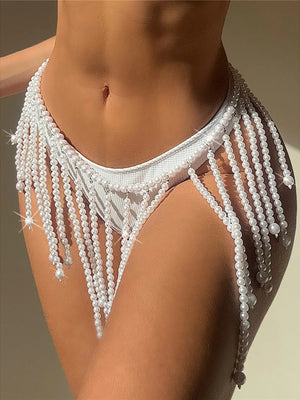 Luxury Pearls Halter Hollow Out See Through Bikini Top