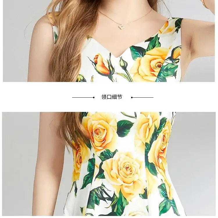 Summer Yellow Rose Spaghetti Strap Bohemian Dress