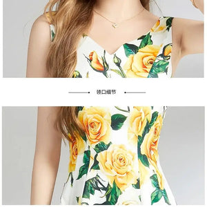 Summer Yellow Rose Spaghetti Strap Bohemian Dress