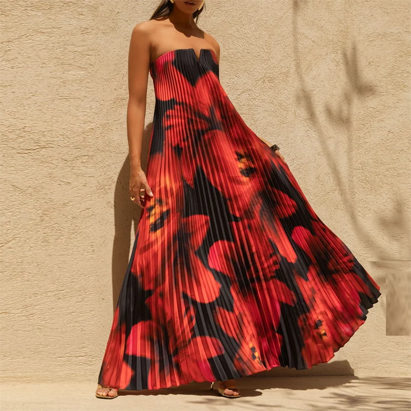 Elegant Floral Print A-Line Pleated Dress