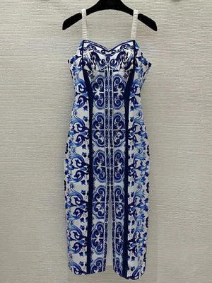 Retro Geometric Print Back Color Contrast Strapless Halter Dress