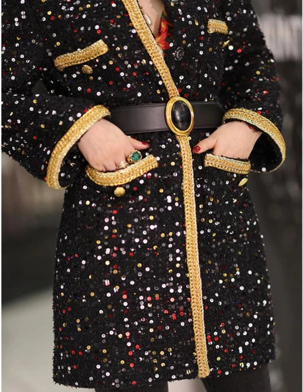 Luxury Retro Sequin Black Gold Tweed Coat