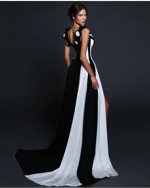 Stereoscopic Flowers White and Black Bandage long Dress