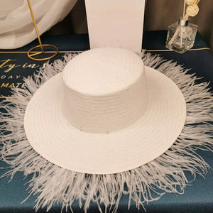 Vintage Socialite Feather Flat Top Straw Hat