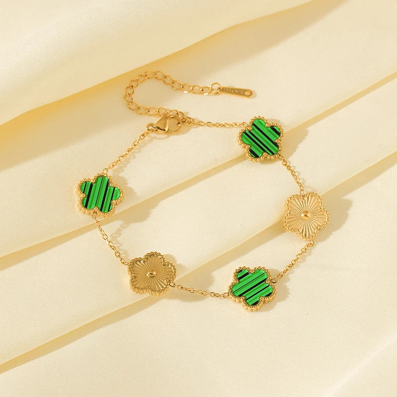 Double Sided Green Five Leaf Flower Charm Bracelets