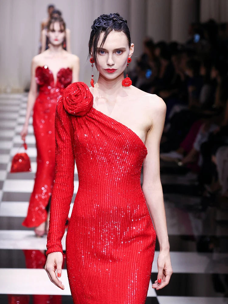Red One Shoulder Sparkle Sequins Dress