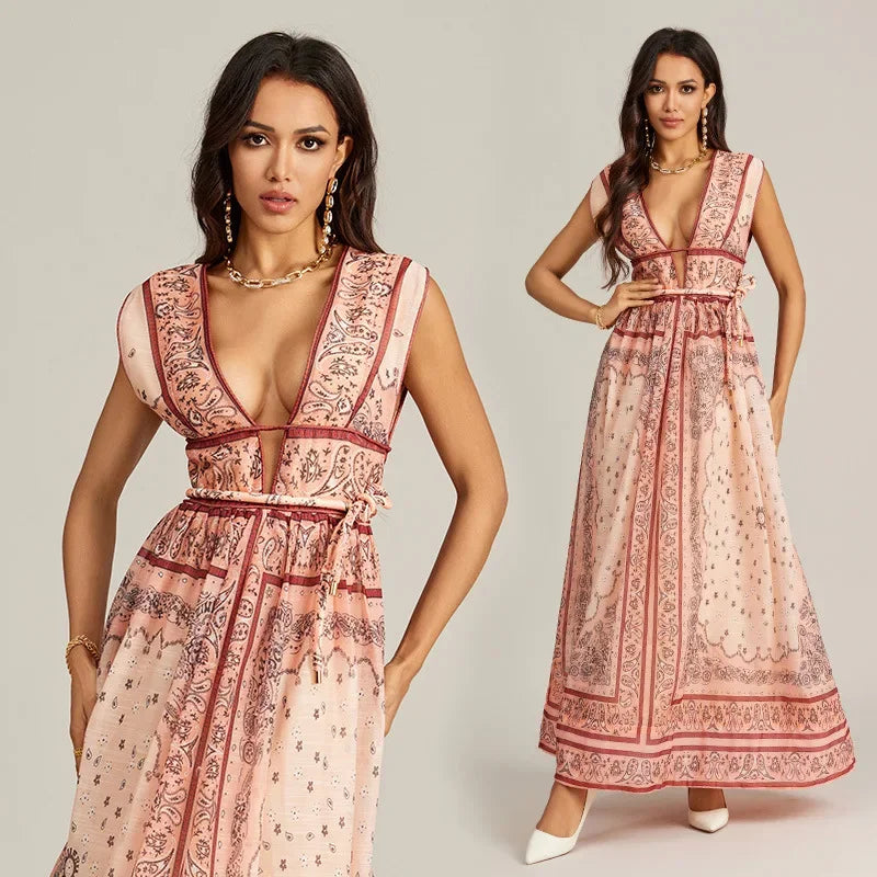 Retro Print Sleeveless Long Dress er Australia Market Hot Sale Of The