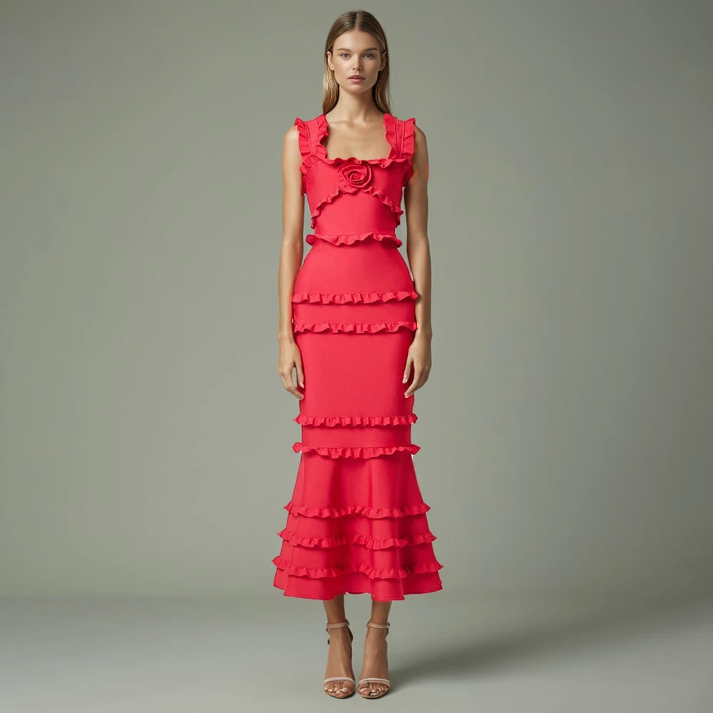 Square Collar Fungus Edge Fishtail Dress