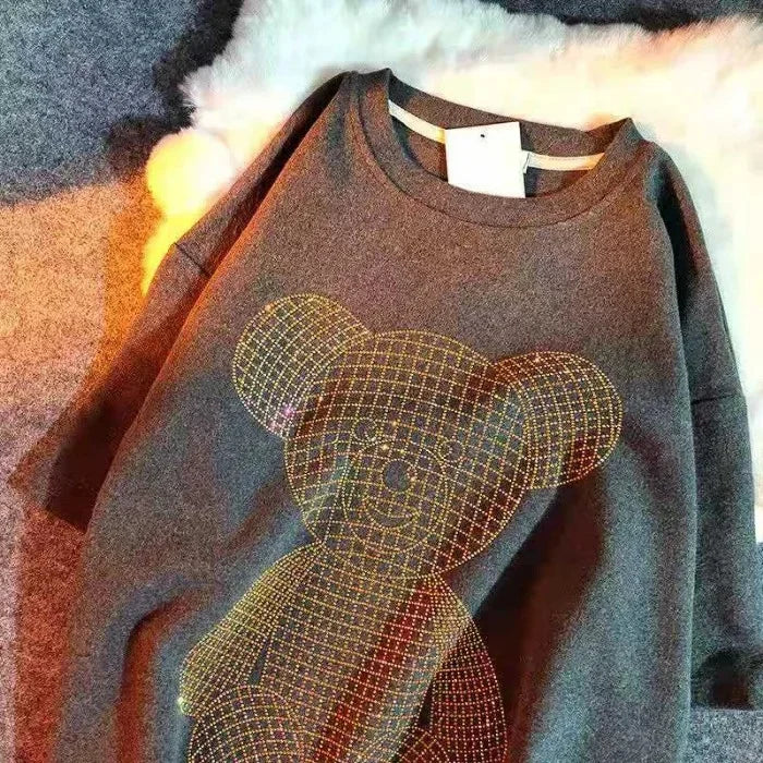 Trendy Diamond-Embellished Gold Bear Short Sleeve T-Shirt Plus Size