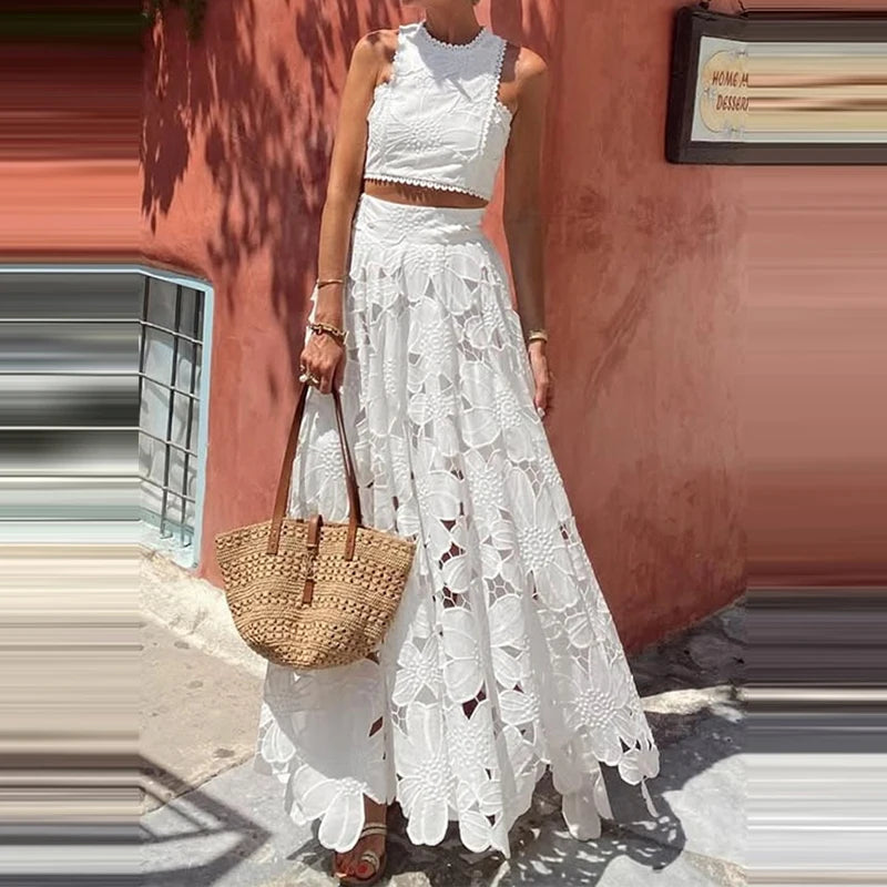 Crop Top & Maxi Skirts Set Embroidery Lace 2pcs