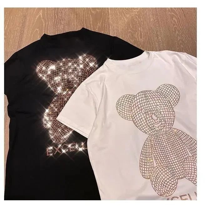 Trendy Diamond-Embellished Gold Bear Short Sleeve T-Shirt Plus Size