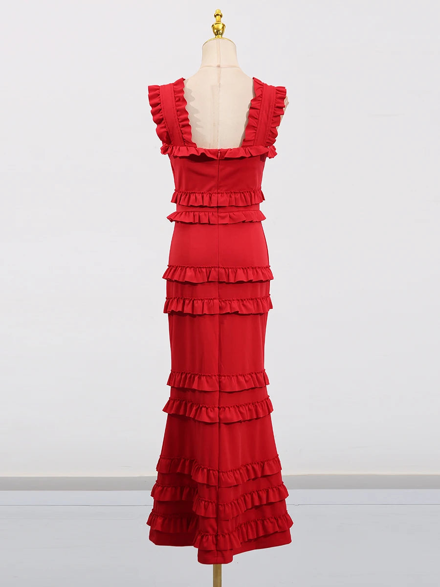 Square Collar Fungus Edge Fishtail Dress