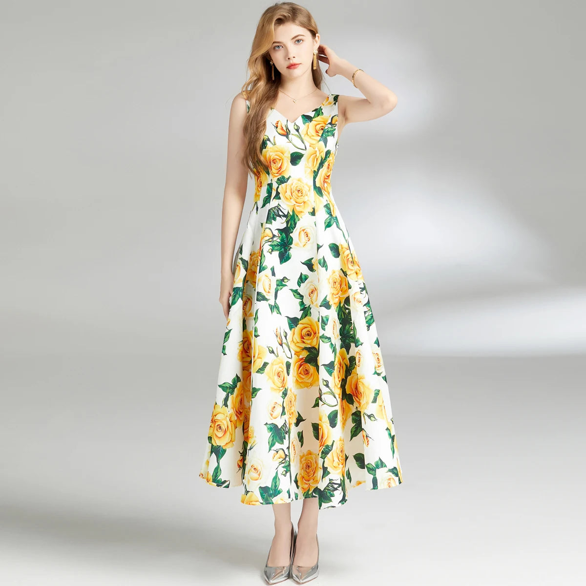 Summer Yellow Rose Spaghetti Strap Bohemian Dress