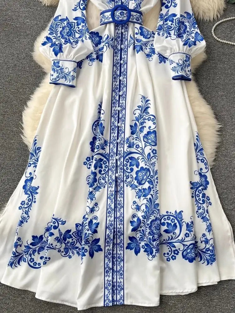 Blue Golden Flower Print Dress
