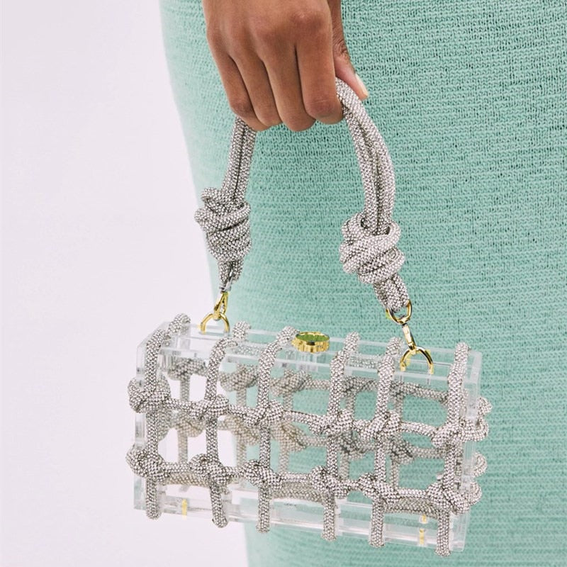 Crystal-Embellished Rope Acrylic Rhinestones Evening Luxury Clear Knot Bag