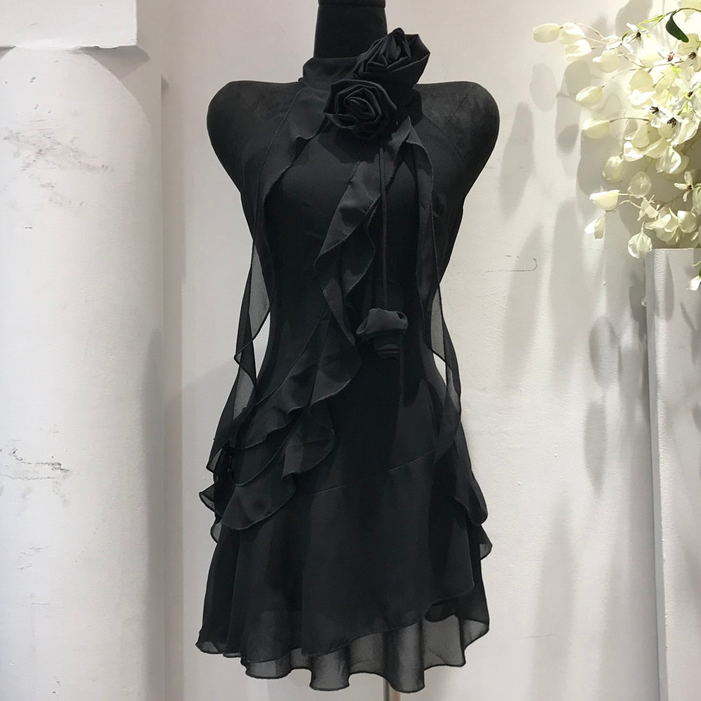 Halter High Waist Backless Irregular Ruffles Spliced Appliques Dresses