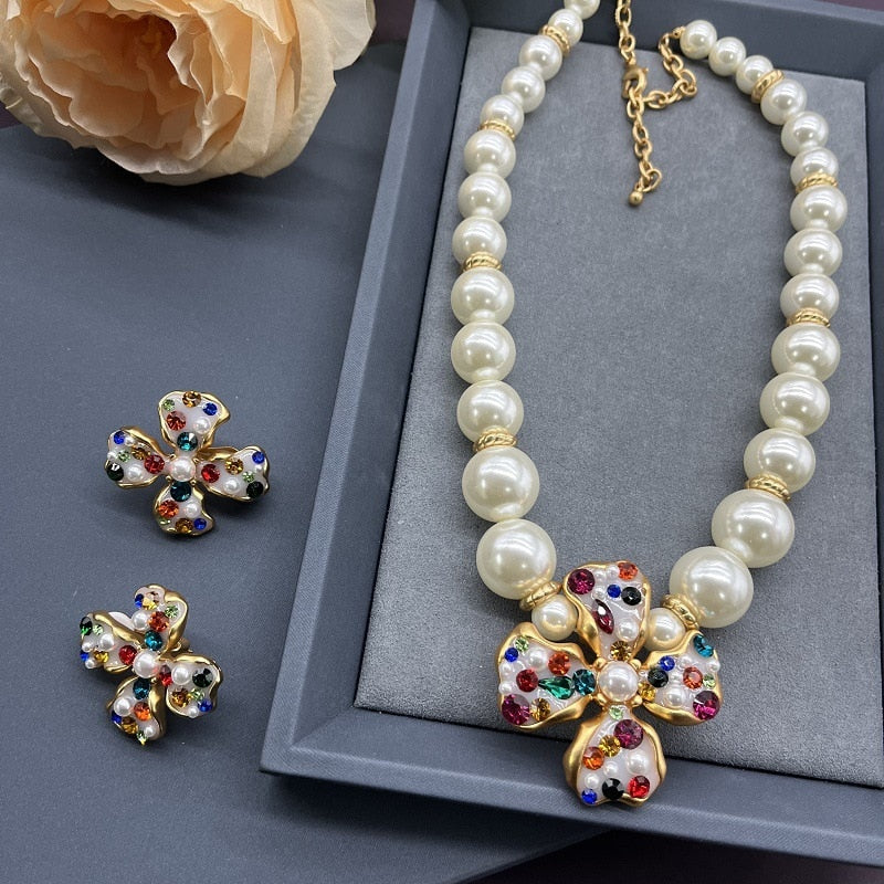 Rhinestone Crystal Multi-row Pearl Short Choker Necklace