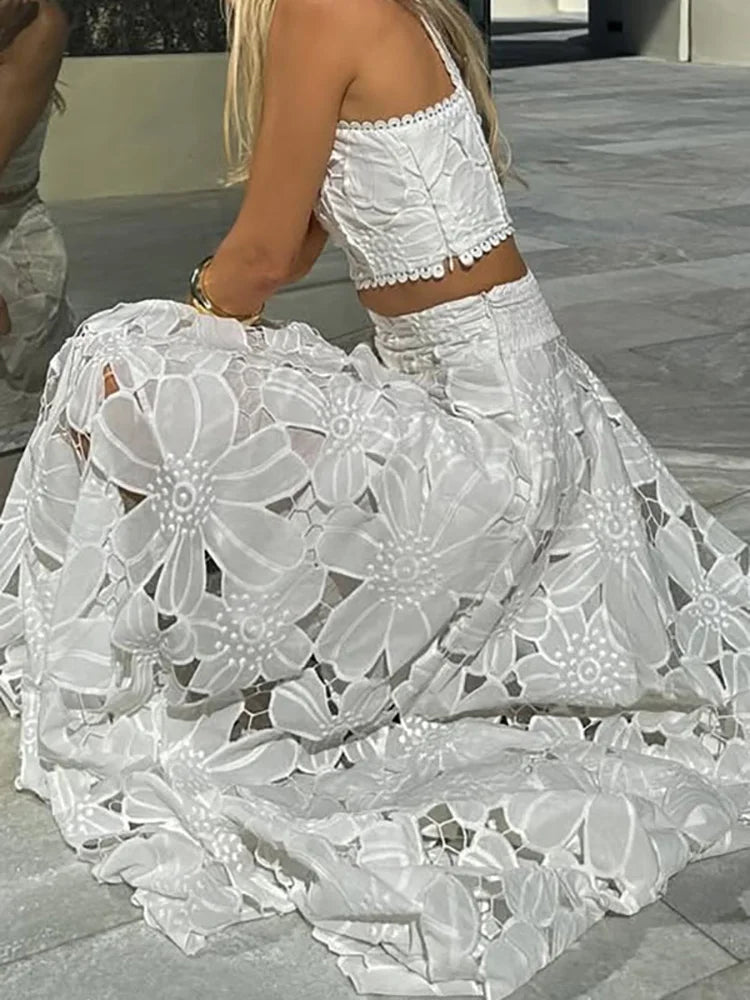Crop Top & Maxi Skirts Set Embroidery Lace 2pcs