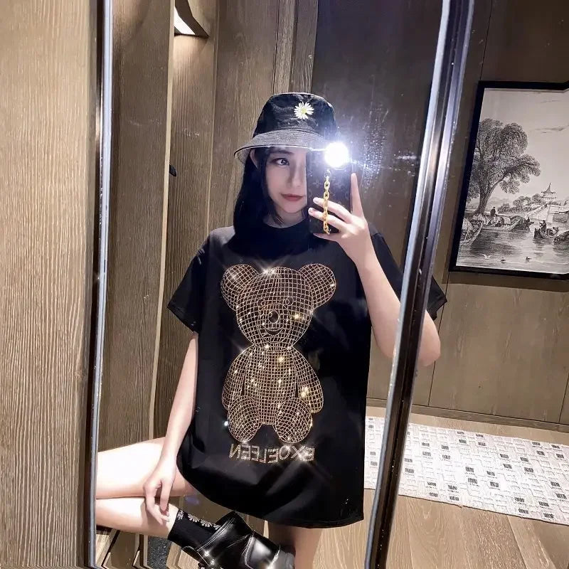 Trendy Diamond-Embellished Gold Bear Short Sleeve T-Shirt Plus Size