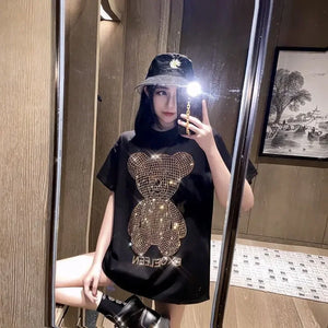 Trendy Diamond-Embellished Gold Bear Short Sleeve T-Shirt Plus Size