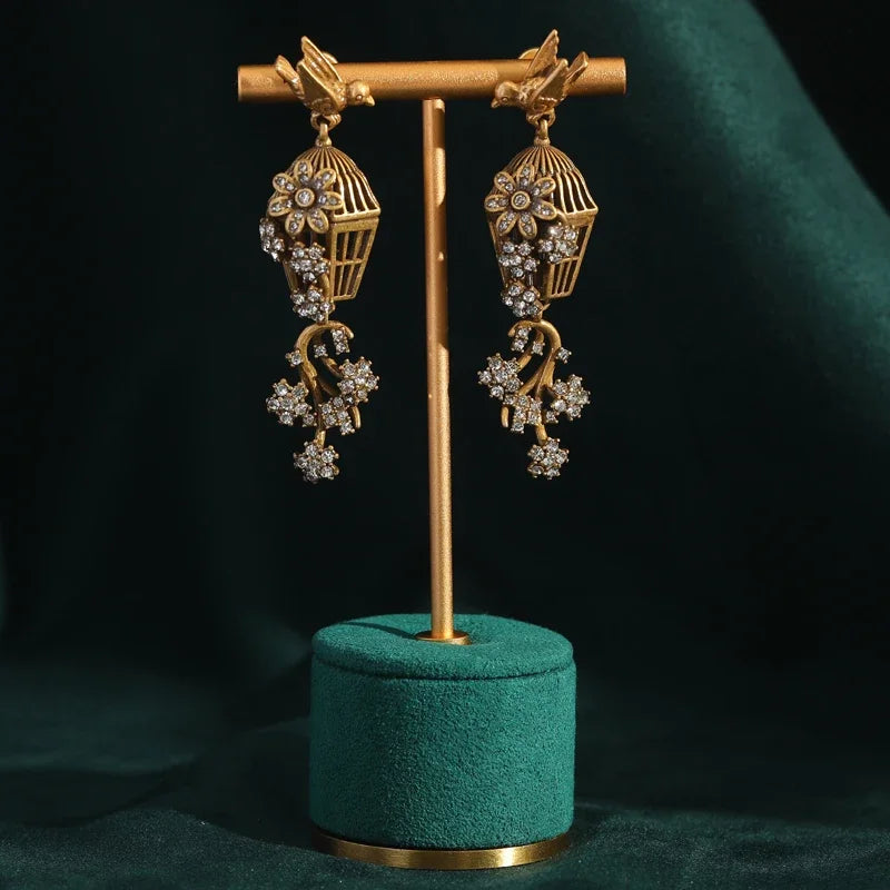 Vintage Rhinestones Bird Cage Drop Dangle Earring