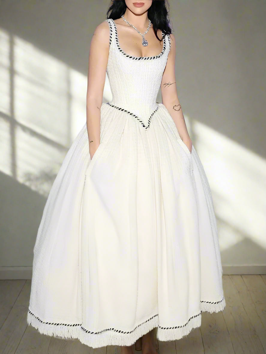 Elegant Dress Slip Tweed Pleated Tassel Edge Pockets Big Swing Dresses