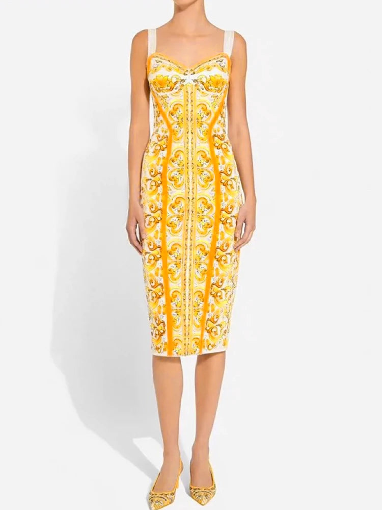 Retro Geometric Print Back Color Contrast Strapless Halter Dress