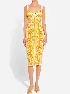 Retro Geometric Print Back Color Contrast Strapless Halter Dress