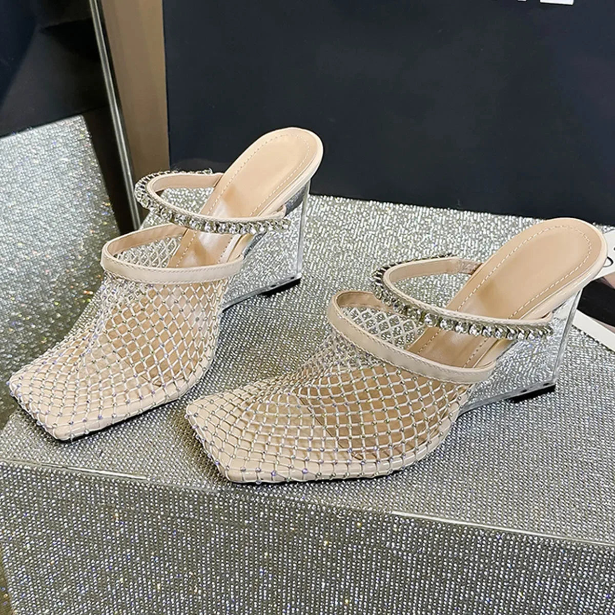 Crystal Diamond Square Toe Designer Transparent Slippers