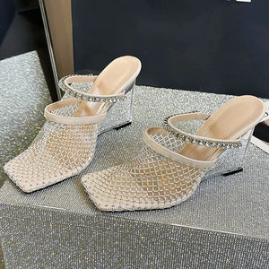 Crystal Diamond Square Toe Designer Transparent Slippers