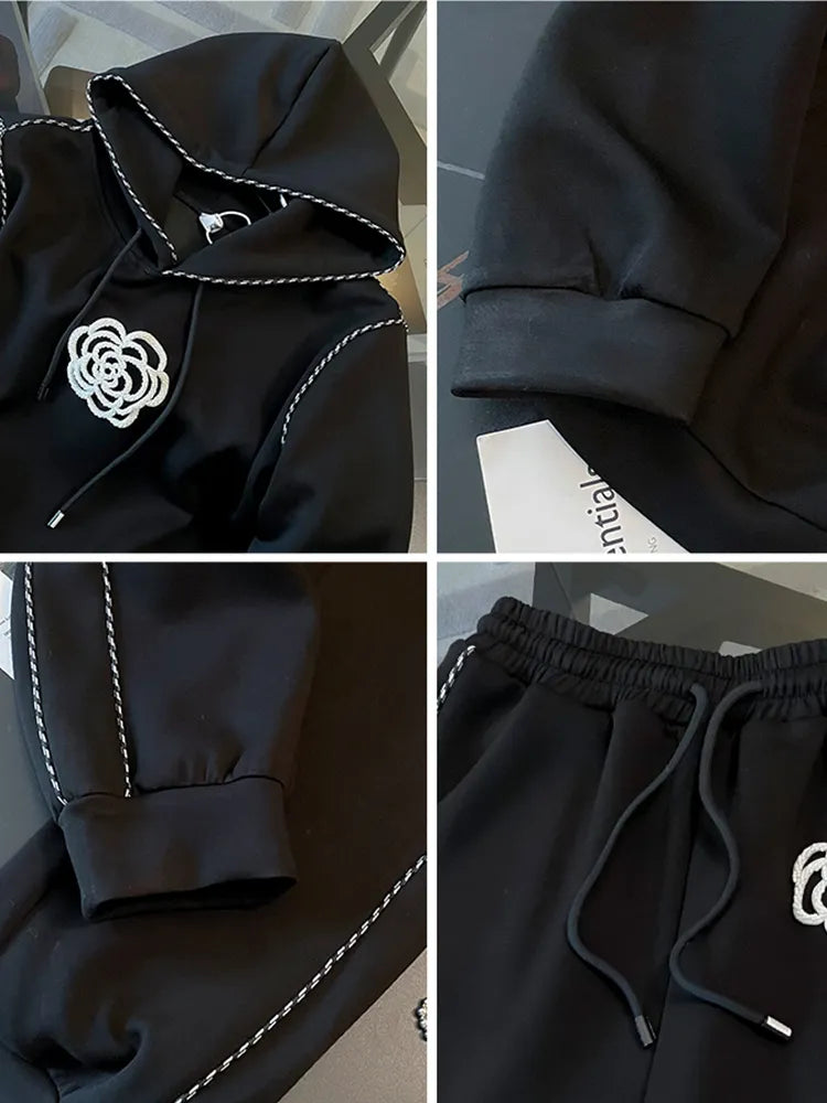 Two Piece Flower Hooded Black Hoodies+Casual Pants Suit