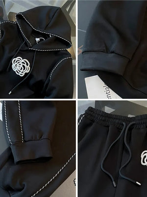 Two Piece Flower Hooded Black Hoodies+Casual Pants Suit