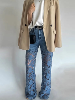 Plus Size Stretch Denim Jeans With Cut-Out Lace